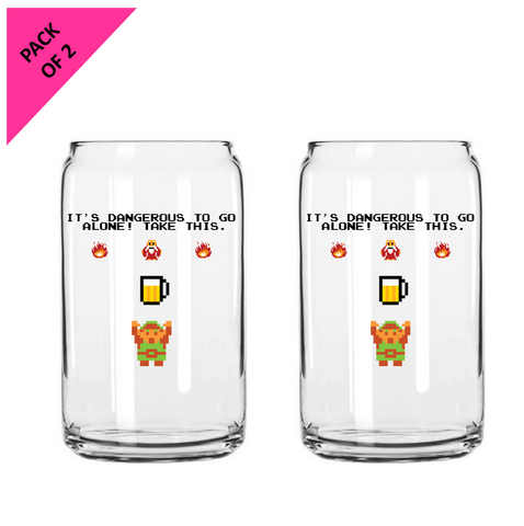 Pack of 2 x “It's Dangerous To Go Alone” Zelda Link 16oz glasses